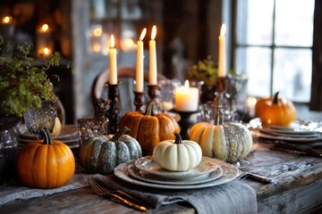 Halloween table setting with pumpkins and candles