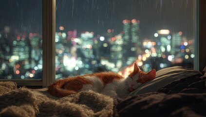 Ginger cat sleeping peacefully on a cozy bed by a window overlooking a sparkling city skyline at night.