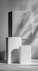 Minimalist abstract composition of white geometric blocks with soft leaf shadows.