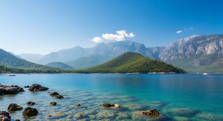 Stunning panoramic view of a tranquil turquoise sea bay with majestic mountains in the background on a sunny day.