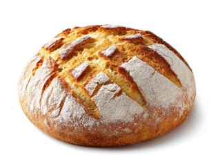 Round loaf of artisan bread, dusted with flour, showing a textured, diamond-patterned top