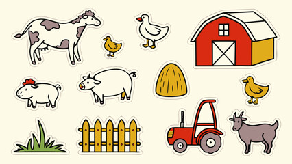 Farm Animals and Barn Elements Vector Icon Set – Flat Style Cow, Goat, Hen, Sheep, Tractor, Barn, Fence, Haystack and More, Educational Stickers for Kids Learning