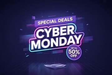 Obraz premium Cyber monday special deals with up to 50 off, neon text and abstract background