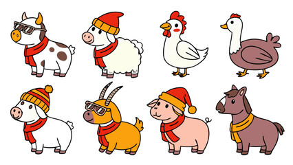 Seasonal Farm Animals Sticker Set – Cute Flat Vector Cow, Sheep, Goat, Hen, Pig, Duck, Horse and Donkey Wearing Winter Scarves, Summer Sunglasses and Festive Outfits