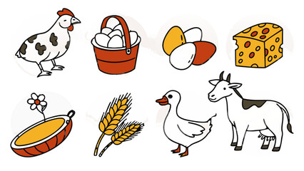 Farm Animals and Produce Vector Icon Set – Flat Style Cow with Milk, Hen with Eggs, Sheep with Wool, Goat with Cheese, Cute Educational Farm Sticker Pack