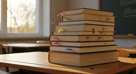 Fototapeta premium Tall Stack of Books with Colorful Bookmarks on Classroom Desk Bathed in Warm Golden Sunlight