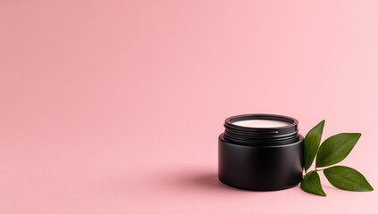 Minimalist black jar of cosmetic cream with green leaf accent on pink background.