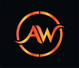 Modern abstract AW monogram logo design with circular shape, gradient orange red colors, creative professional branding emblem on black background