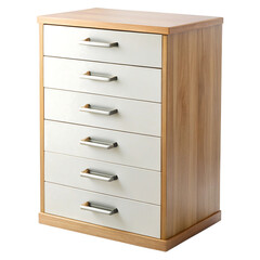 Vector art of a wooden cabinet with six white drawers and silver handles, isolated on a transparent background