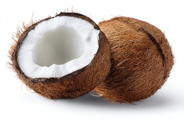 Two halved coconuts, close-up, against white