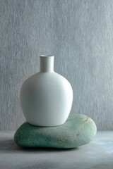 Minimalist Still Life with White Ceramic Vase on Green Stone.