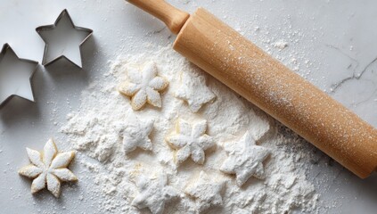 Baking scene with rolling pin flour and cookie cutters on a white table.