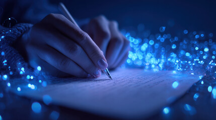 Elegant hand writing on a letter with a pen surrounded by sparkling blue lights creating a cozy and magical atmosphere in a dimly lit space.
