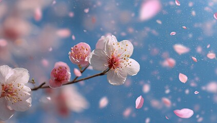 Beautiful spring cherry blossoms with a shower of falling pink petals against a soft blue sky.