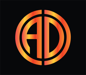 Modern abstract AD monogram logo design with circular shape, gradient orange red colors, creative professional branding emblem on black background