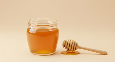 Golden Honey in Glass Jar with Wooden Dipper, Healthy Sweetener on Beige Background