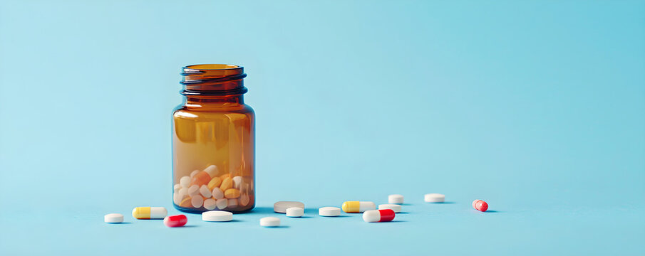Colorful pills and capsules spilled from bottle on blue background. World Health Day, Pharmacy Week, National Medication Safety Week, Mental Health Awareness. Pharmaceutical industry concept banner
