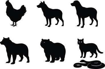 Black animal silhouettes collection including chicken, dogs, bears, cat, and snake isolated on white background vector illustration design set.