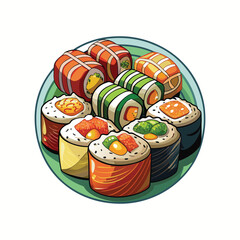 Delicious sushi roll platter assortment fresh japanese food served on green plate