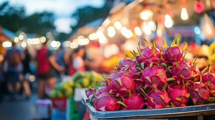 bunch of dragon fruit selling at local night market in Thailand