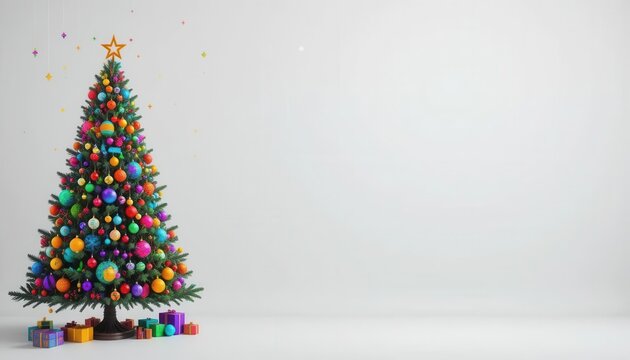 A brightly colored Christmas tree with ornaments in every shade of the rainbow against a white background.