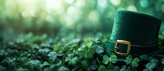 The green velvet hat of the leprekon with a gold buckle lying on a thick carpet of four -leaf clovers. A blurry background with soft green glare and light effects creates