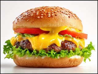 Close-up of a gourmet cheeseburger.  Freshly made, juicy burger with melted cheese, lettuce, and tomato slices on a sesame seed bun.  White background