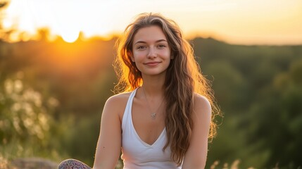 A young woman with long wavy hair sits in nature at sunset. She is dressed in a white t -shirt with a deep neckline and multi -colored leggings. She has a thin chain with a suspension on her neck.