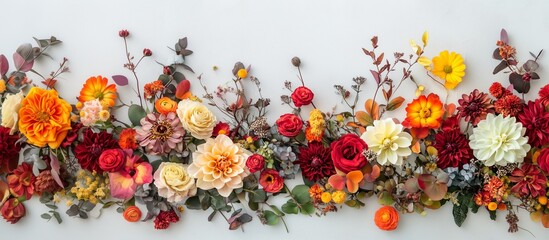 A bright composition of multi -colored colors, including roses, chrysanthemums and dalai in shades of orange, red, yellow and white, laid on a light background.