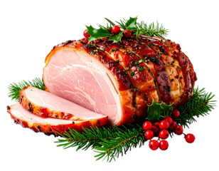 Glazed Christmas ham with red berries isolated png transparent background