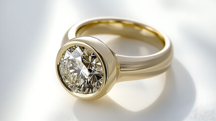 A bezel-set lab diamond ring with brushed gold band centered on a solid white backdrop, elegant space for branding above,