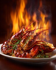 Grilled Lobster with Herb Garnish Accented by Flames in a Gourmet Presentation