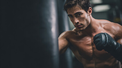 Sweaty, muscular man with boxing glove intensely training in a dark gym