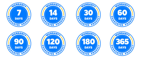 Vector guarantee product warranty circle with checklist label icon set. Days 7, 14, 30, 60, 90, 120, 180, 365. 