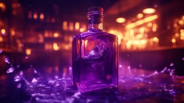 A purple potion in a glass bottle, set against a blurred background of warm lights