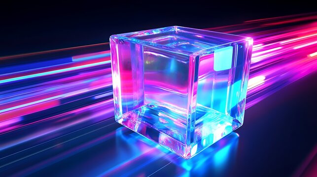 Abstract glowing cube with light streaks in neon colors