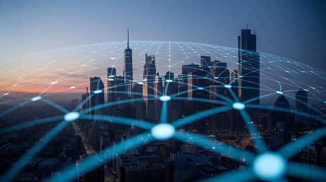 Modern city skyline connected by global network, perfect for technology or business