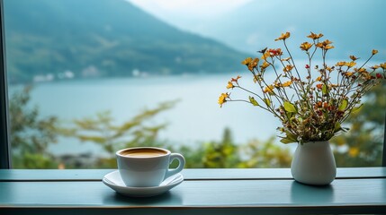 A cup of hot coffee on a saucer and a vase with yellow wildflowers stand on a blue wooden windowsill.