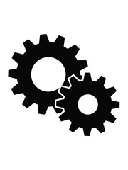 Two interlocking black gears on a white background