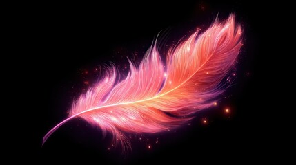 A vibrant, glowing feather, tinged with pink and orange hues, stands out against a dark background, showcasing an ethereal and dreamlike quality.