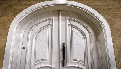 white arched wooden door with black handle and classic panel design