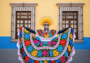 Woman in traditional dress and skull makeup in front of colorful building Dia de los Muertos