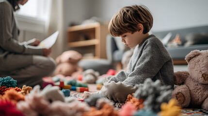 Child therapy concept with toys and psychologist