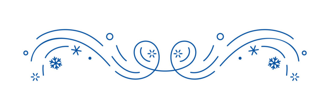 Winter linear divider. Holiday filigree border with snowflakes.