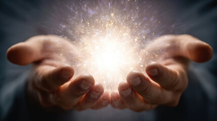 Glowing light surrounded by sparkling particles held in two hands against a dark background, featuring a sense of wonder and a mystical aura radiating energy.