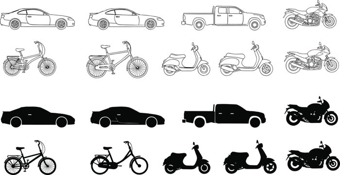 Diverse Collection of Vehicle Silhouettes and Line Drawings, Showcasing Cars, Trucks, Scooters, and Bicycles