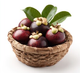 Fresh mangosteens in a woven basket