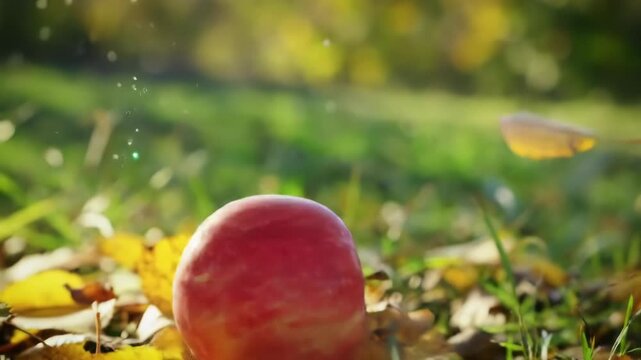 Red apple falling from tree branch and landing on ground covered with leaves during sunny day, outdoors 