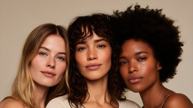 Portrait of three diverse young women with natural makeup and glowing skin. Multiethnic female group posing together. Beauty, skincare and diversity concept