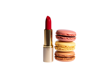 Fashion Lipstick with Sweet Macaron Stack in Modern Studio Scene